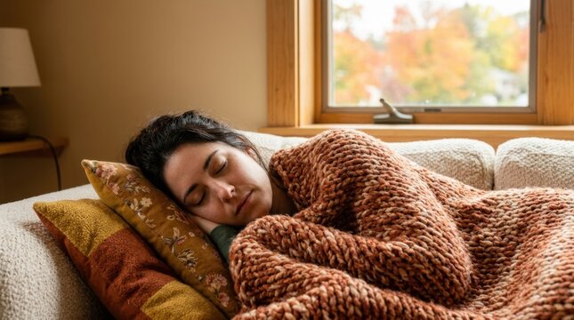 Close up of a woman sleeping on a sofa under a chunky knit blanket. Relaxed female resting at home during autumn. Seasonal fatigue and comfort concept