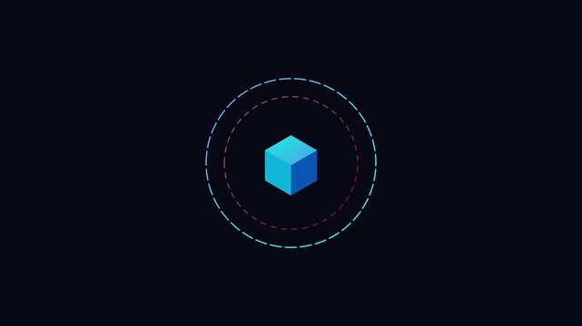 Minimalist 3 d cube with rotating circular hud abstract digital technology motion animation 4k background