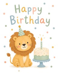 Naklejka premium Cute Cartoon Lion with Party Hat and Birthday Cake Greeting Card