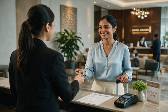 Happy South Asian female guest checking in at a modern hotel reception desk and giving a credit card to the receptionist.