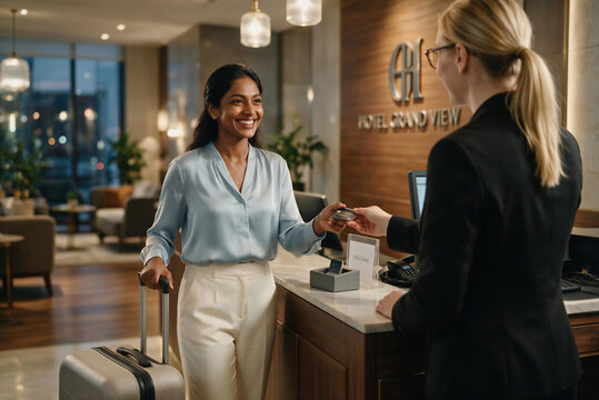 Happy South Asian female guest checking in at a luxury hotel reception desk and handing her credit card to a blonde receptionist.