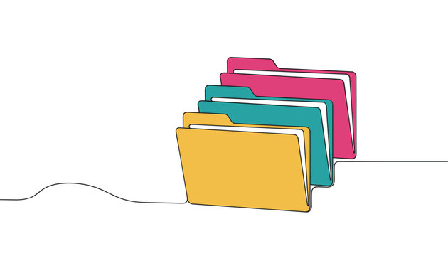 Row of colorful file folders in yellow, turquoise, and pink colors displayed in line art style.
