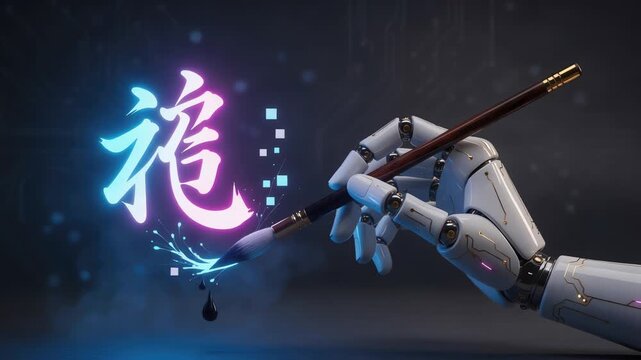 Robotic hand painting glowing neon Asian calligraphy character, artificial intelligence creative art concept