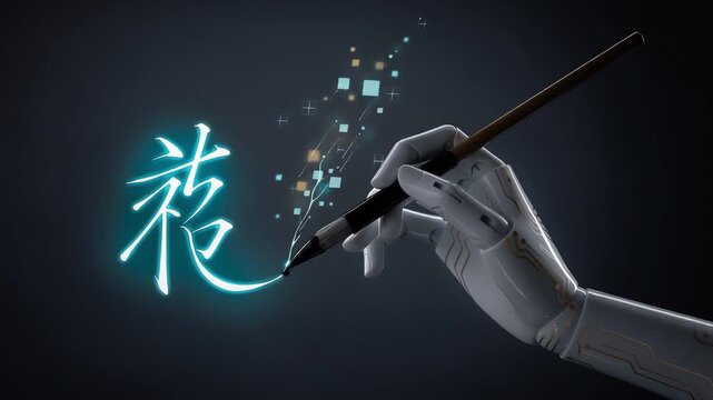 Robotic hand painting glowing neon Asian calligraphy character, artificial intelligence creative art concept
