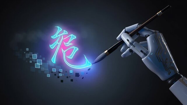 Robotic hand painting glowing neon Asian calligraphy character, artificial intelligence creative art concept
