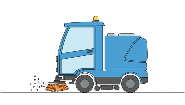 Blue municipal street sweeper truck with an orange rotating brush cleaning road debris.