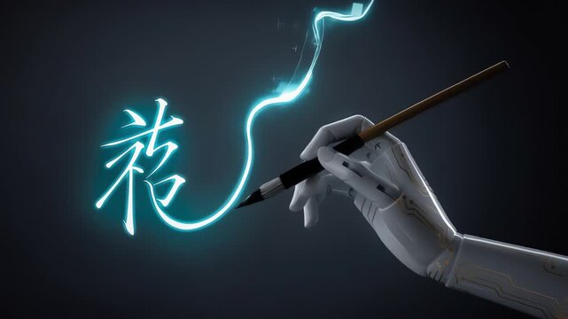 Robotic hand painting glowing neon Asian calligraphy character, artificial intelligence creative art concept