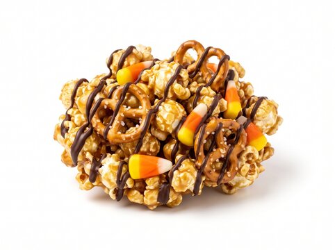 Gourmet Halloween Popcorn Mix with Candy Corn and Pretzels Isolated on White