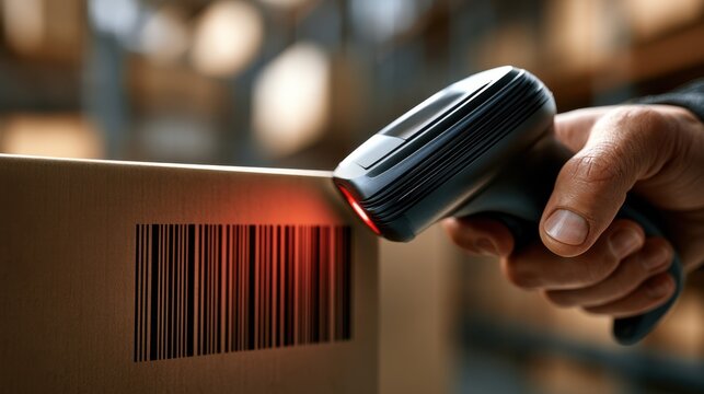 Close-up of a barcode scanner reading a label on a cardboard box in a warehouse. Suitable for logistics and shipping concepts.
