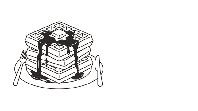 Black and white line art illustration of a stack of waffles