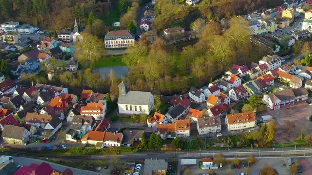 Aerial view of the old town of the city  Birkenau in Hesse, in Germany, on a sunny day in autumn
