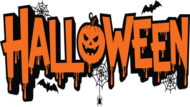 Spooky Halloween Vector Typography Design with Orange Dripping Letters, Jack-o'-lantern Pumpkin, Bats, and Spider Webs - Perfect for Festive Holiday Party Decor and Creepy Graphics