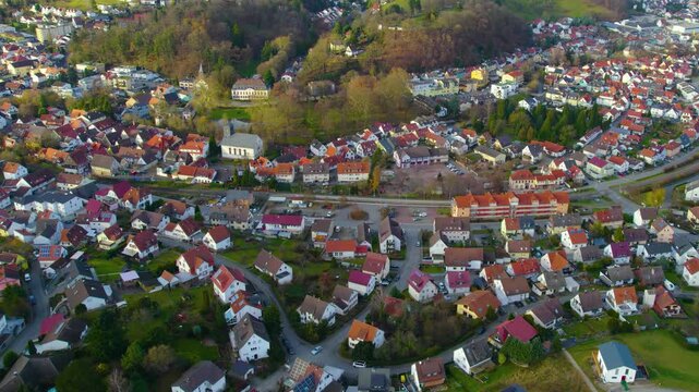 Aerial view of the old town of the city  Birkenau in Hesse, in Germany, on a sunny day in autumn