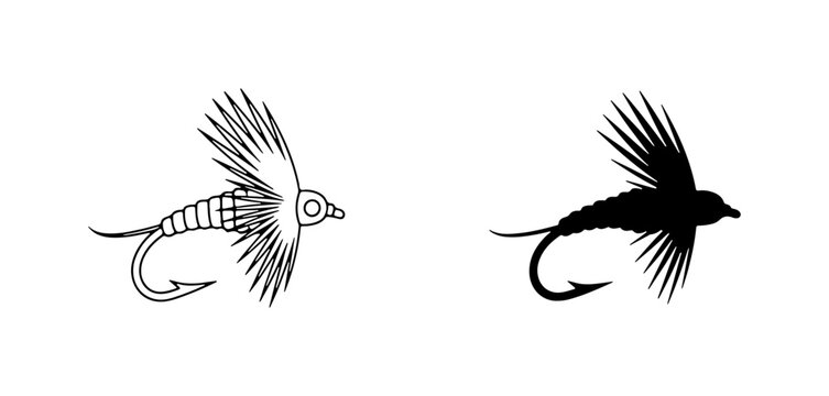 Fly Fishing Lures, Vector Icons: Outline and Silhouette, Angling Bait Graphics