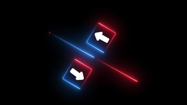 Arrow icons in contrast on Glowing neon moving towards opposite directions. Competition, diversity, opposition or confrontation concept. Motion graphics of Arrow icons concept.