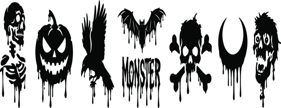 Collection of Spooky Halloween Silhouette Icons with Melting Drip Effect - Vector Set featuring Skull, Skeleton, Jack-o'-lantern, Zombie, Bat, Raven, and Moon for Horror Party Decor
