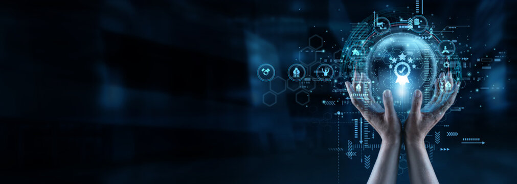 Algorithm developer and user holding hands navigating Recommendation engine network feeds to discover new content. Smart personalization partnerships brilliantly drive consumer engagement forward.