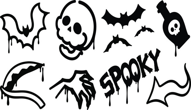 Spooky Halloween Vector Icon Set with Dripping Paint Effect, Skull, Bats, Poison Bottle, Scythe, and Zombie Hand Illustrations in Black and White Stencil Style for Graphic Design Projects.
