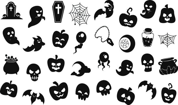 Spooky Halloween Vector Icons Set - Silhouette Collection of Scary Ghosts, Jack-o'-lantern Pumpkins, Skulls, Bats, Spider Webs, Gravestones, and Witch Cauldrons for Holiday Design.