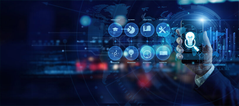 Lead scientist holding a mobile phone analyzing global Research & Development data on a holographic world map. Futuristic technology, secure network connections, and advanced data visualization.