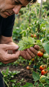 Man farmer inspecting tomato leaf infested with aphid in garden. Pest control and insect management on vegetable crop. Agriculture problem, plant health care and organic farming.