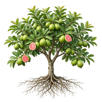 Pink Guava tree, mature fruiting tree bearing ripe green guavas with pink flesh, exposed visible roots, 11 ratio, isolated on seamless pure white background, centered composition
