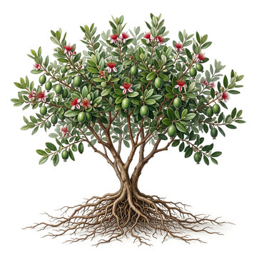 Pineapple Guava (Feijoa) tree, mature fruiting tree bearing oval green feijoa fruits, exposed visible roots, 11 ratio, isolated on seamless pure white background, centered composition
