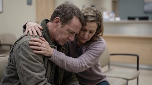 Emotional support scene with a woman comforting a distressed man, expressing compassion, grief, mental health, and human connection.