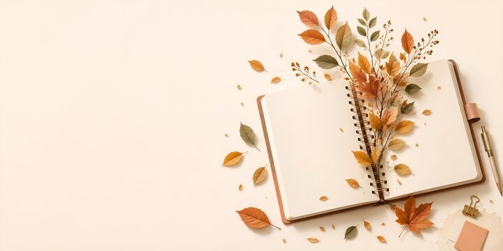Libreta, cuaderno sobre fondo claro, con hojas oto&ntilde;ales,