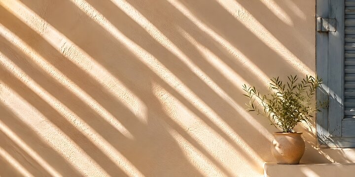 Pared con sombras, ventana mediterr&aacute;nea y maceta.