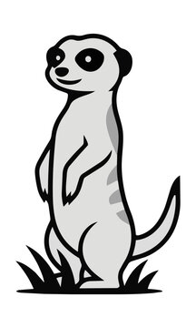 Alert meerkat standing in grass with minimalist shapes isolated on a white background, animal wildlife concept