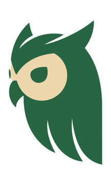 Minimalist owl head logo crafted from sharp geometric shapes in forest green and sand colors on a white background, modern branding concept