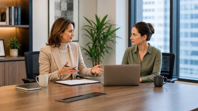 Mature middle aged smiling lady boss manager teacher talking to assistant or student meeting in office space.