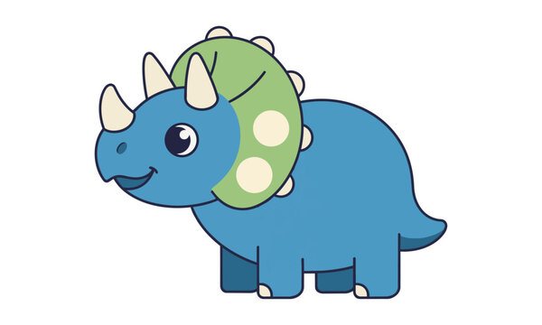 A friendly cartoon triceratops standing in profile with a playful demeanor, featuring bold flat colors and minimal details, isolated on white. Children's dinosaur concept
