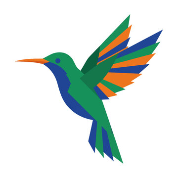 Vibrant geometric hummingbird in mid-flight with stylized triangular wings in emerald green royal blue and orange isolated on white background abstract nature concept