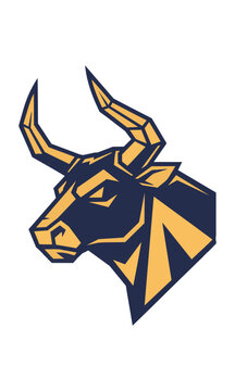 Stylized bull head in profile with sharp geometric horns and bold flat color blocks in a clean minimalist design modern graphic concept