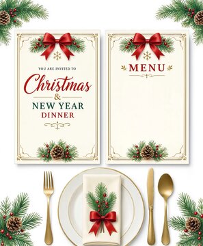 Elegant Christmas and New Year dinner invitation and menu templates with festive decorations