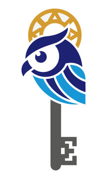 Stylized owl head profile merged with an antique skeleton key featuring geometric shapes and solid colors on a white background wisdom and security concept