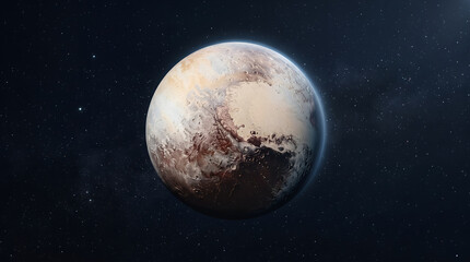 Fototapeta premium A breathtaking vista of a distant dwarf planet, its diverse icy terrain glowing under the soft light of a distant sun, suspended in the serene and infinite cosmos