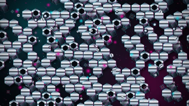 Abstract liquid mercury hexagonal mesh grid background with cyan and magenta studio dual lighting surreal digital dreamscape
