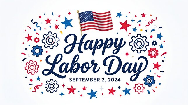 Happy labor day 2024 greeting card design with american flag and industrial gears in red white and blue