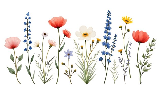 Watercolor wildflowers border illustration, poppies and delphiniums, delicate spring meadow flowers