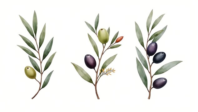 Three olive branches with black and green olives and leaves