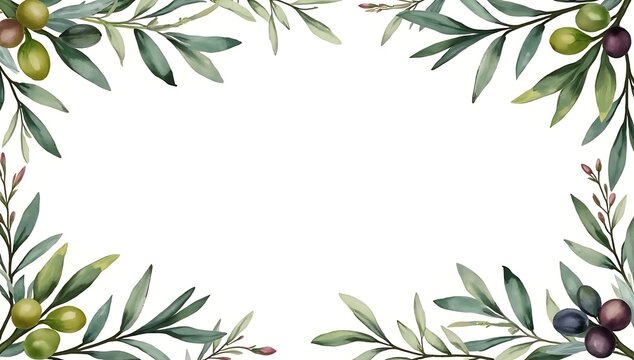 Watercolor olive branch border with green and black olives, simple design