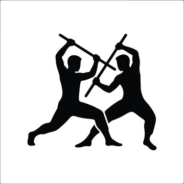 Silhouette vector of two martial artists fighting with wooden sticks design