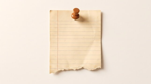 Paper Pinned by Push Pin, Blank Vintage Torn Lined Notebook Page with Copy Space on White Background