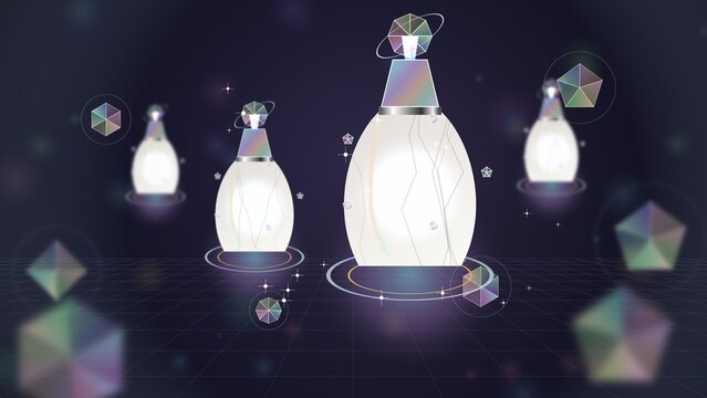 Floating metallic crystal decanter relay station rendered in polished marble with iridescent pearlescent colorway in surreal digital dreamscape