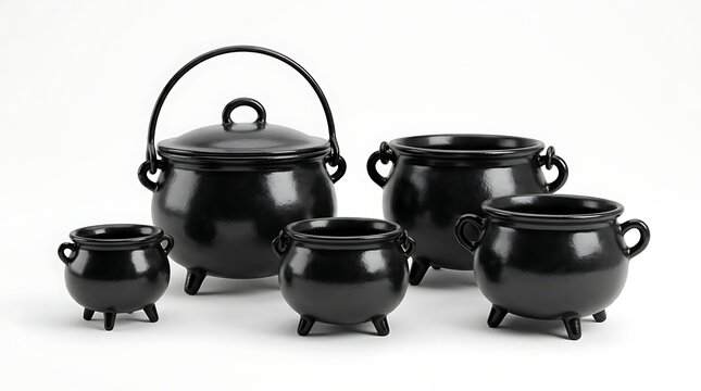 Black cast iron witch cauldrons set of various sizes with handles isolated on white background 3D render illustration Halloween cookware asset