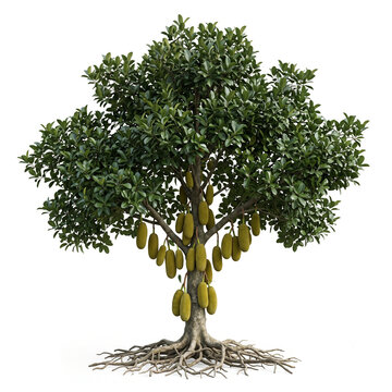 Chempedak tree, mature fruiting tree bearing elongated golden-green chempedak fruits, exposed visible roots, 11 ratio, isolated on seamless pure white background