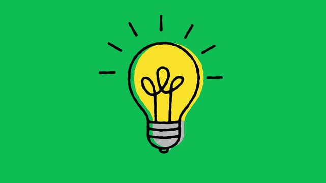 Yellow hand drawn scribble light bulb icon seamless loop animation with light rays motion and jittery effect on green screen. 4K animated for idea, creativity, innovation, and motion graphics.
